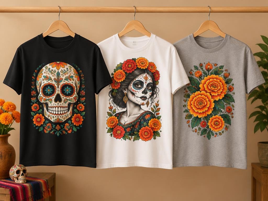 Playeras estampadas con diseños del Día de Muertos